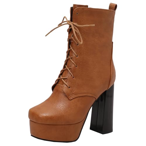 XIEPP Damen Plateau-Stiefeletten für Herbst und Winter, Rundtoe-Blockabsatz, Reißverschluss-Kampfstiefel mit Schnürung von XIEPP