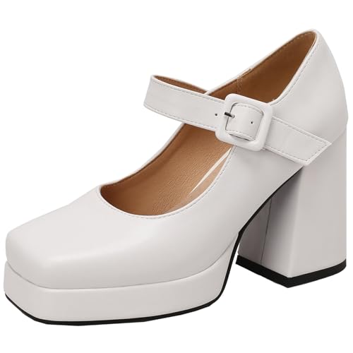 XIEPP Damen Pumps mit Quadratischer Zehe Bequeme Mary Jane Schuhe mit Kleinem Absatz und Verstellbarem Schnallenverschluss für Partys von XIEPP