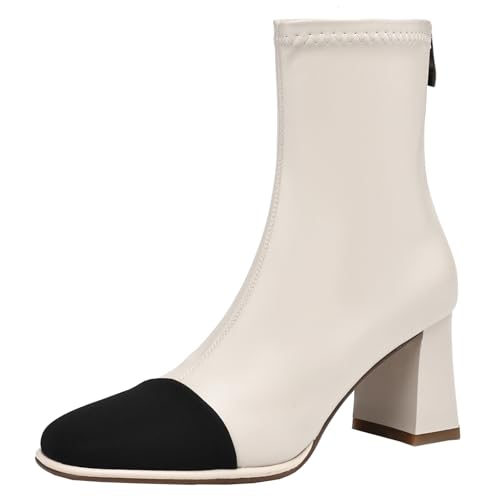 XIEPP Damen Quadrattoe-Farbblock-Stiefeletten für Herbst und Winter, Blockabsatz-Reißverschluss-Kurzstiefel von XIEPP