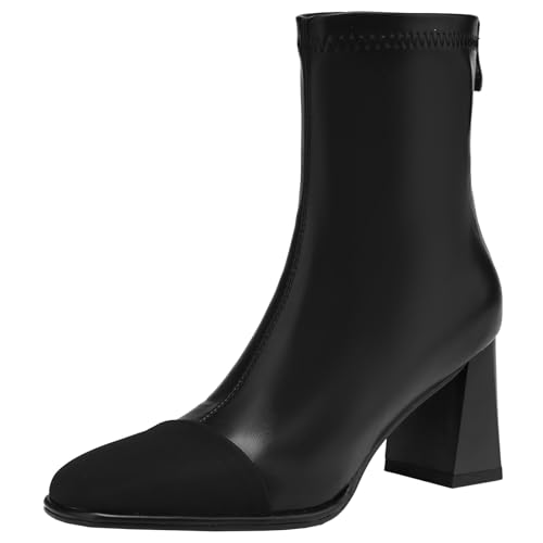 XIEPP Damen Quadrattoe-Farbblock-Stiefeletten für Herbst und Winter, Blockabsatz-Reißverschluss-Kurzstiefel von XIEPP