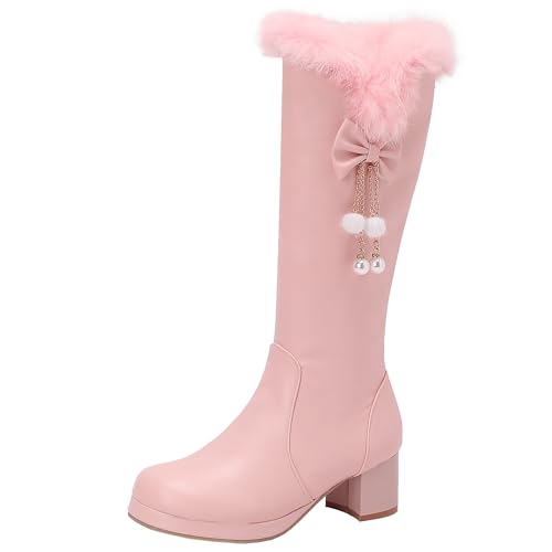 XIEPP Damen Reißverschluss Kniehohe Stiefel Lange Stiefel mit Blockabsatz und Runder Spitze und Schleifen XIEPP Damen Reißverschluss Kniehohe Stiefel Lange Stiefel mit Blockabsatz und Runder Spitze und Schleifen von XIEPP