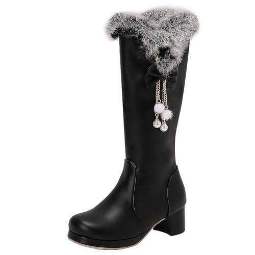 XIEPP Damen Reißverschluss Kniehohe Stiefel Lange Stiefel mit Blockabsatz und Runder Spitze und Schleifen von XIEPP