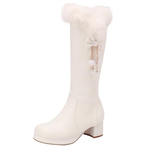 XIEPP Damen Reißverschluss Kniehohe Stiefel Lange Stiefel mit Blockabsatz und Runder Spitze und Schleifen von XIEPP