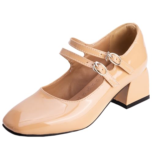 XIEPP Damen Retro Double Buckle Verschluss Mary Jane Schuhe Pumps mit Quadratischer Zehenpartie und Blockabsatz XIEPP Damen Retro Double Buckle Verschluss Mary Jane Schuhe Pumps mit Quadratischer Zehenpartie und Blockabsatz von XIEPP