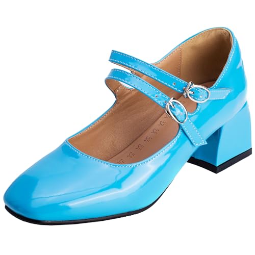 XIEPP Damen Retro Double Buckle Verschluss Mary Jane Schuhe Pumps mit Quadratischer Zehenpartie und Blockabsatz von XIEPP