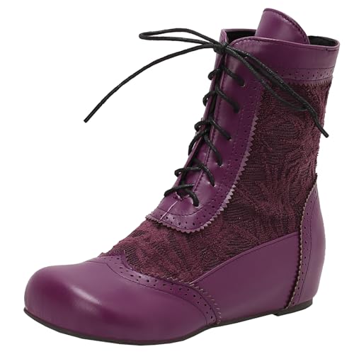 XIEPP Damen Retro Keilabsatz Bestickte Stiefeletten mit vorn Geschnürten, Strahlen Eleganz aus von XIEPP
