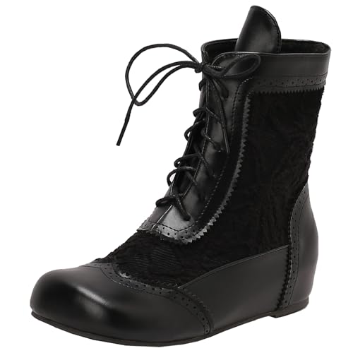 XIEPP Damen Retro Keilabsatz Bestickte Stiefeletten mit vorn Geschnürten, Strahlen Eleganz aus von XIEPP