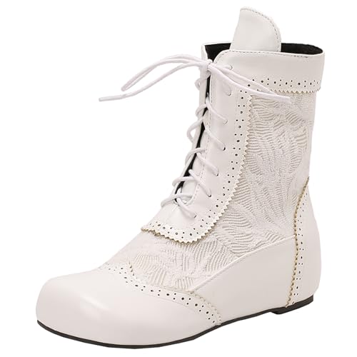 XIEPP Damen Retro Keilabsatz Bestickte Stiefeletten mit vorn Geschnürten, Strahlen Eleganz aus von XIEPP