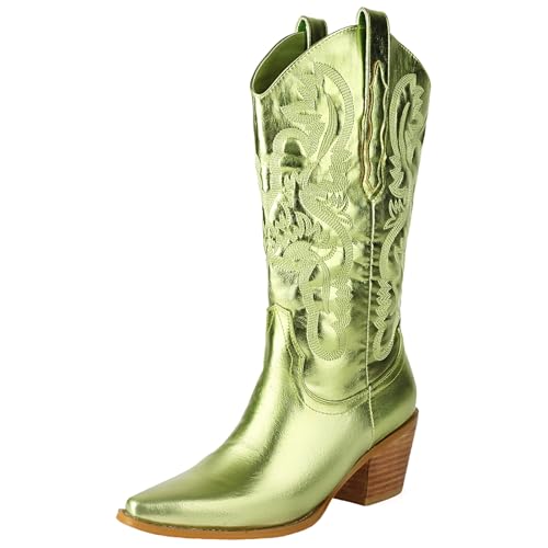 XIEPP Damen Retro Printed Cowboy Westernstiefel Blockabsatz Slip-On Mittelhohe Stiefel, Modisch und Bequem von XIEPP