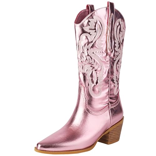 XIEPP Damen Retro Printed Cowboy Westernstiefel Blockabsatz Slip-On Mittelhohe Stiefel, Modisch und Bequem von XIEPP