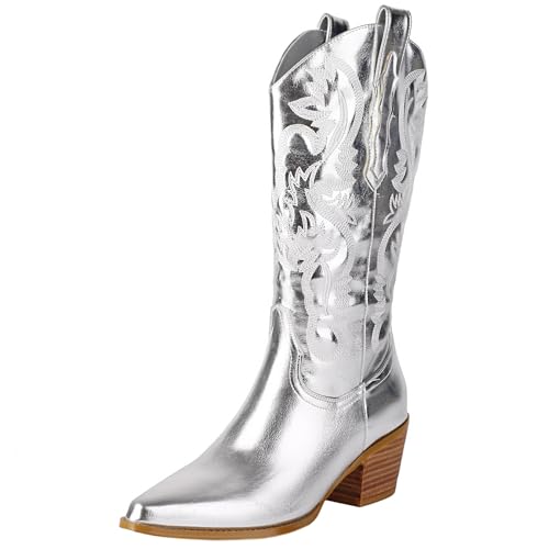 XIEPP Damen Retro Printed Cowboy Westernstiefel Blockabsatz Slip-On Mittelhohe Stiefel, Modisch und Bequem von XIEPP