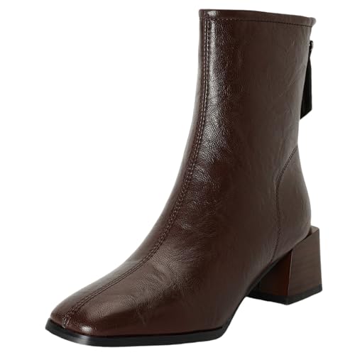 XIEPP Damen Retro-Stil-Quadrattoe-Stiefeletten, Reißverschluss Kurze Stiefel, Wärmende Futterung für Herbst & Winter von XIEPP