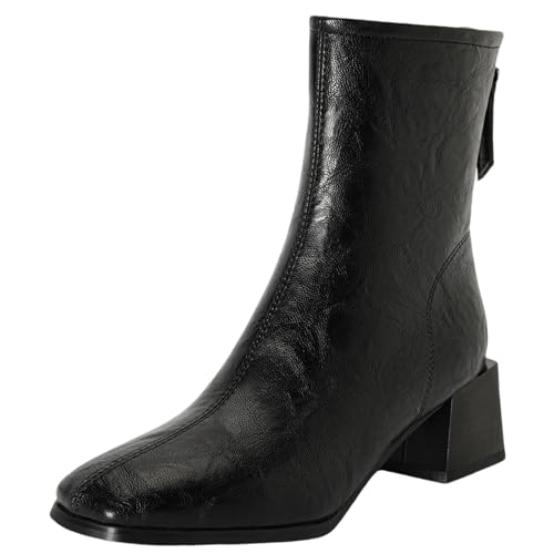 XIEPP Damen Retro-Stil-Quadrattoe-Stiefeletten, Reißverschluss Kurze Stiefel, Wärmende Futterung für Herbst & Winter von XIEPP