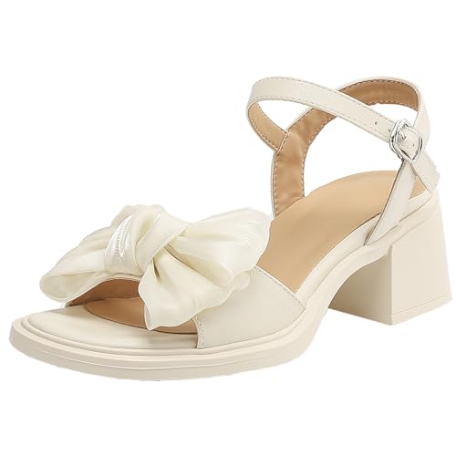 XIEPP Damen Runde Sandalen mit Offener Zehenpartie Anzugschuhe mit Blockabsatz und Schleifen von XIEPP