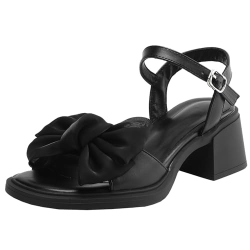 XIEPP Damen Runde Sandalen mit Offener Zehenpartie Anzugschuhe mit Blockabsatz und Schleifen von XIEPP