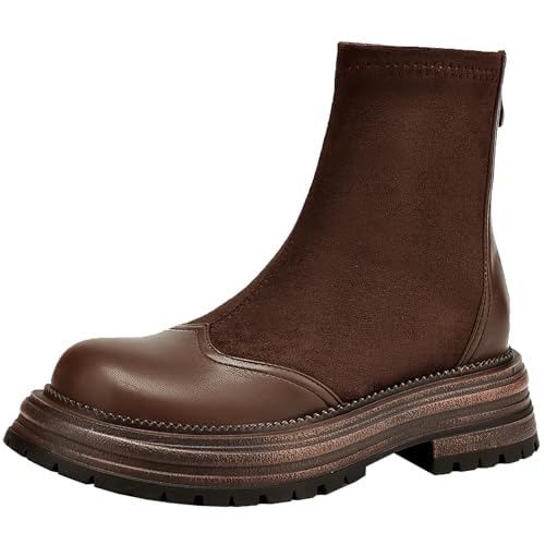 XIEPP Damen Runde Zehe Plateau Stiefeletten Back Zipper Kurze Stiefel mit Einfarbiger Farbe von XIEPP