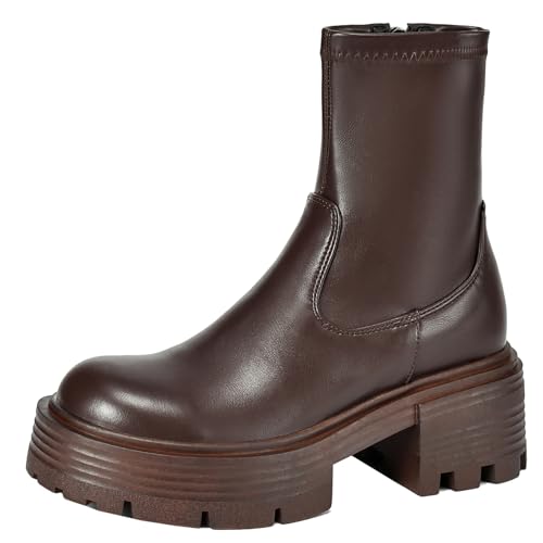 XIEPP Damen Runde Zehen Stiefeletten Reißverschluss Stiefeletten mit Plateau und Einfarbig von XIEPP