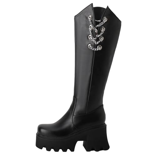 XIEPP Damen Rundtoe-Kniehochstiefel mit Ketten, Plateau- und Blockabsatz-Reitstiefel mit Weicher, Wärmender Futterung für Herbst und Winter von XIEPP