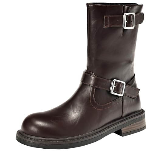 XIEPP Damen Rundtoe-Stiefeletten für Herbst und Winter, Blockabsatz-Reißverschluss-Combat-Kurzstiefel mit Schnalle-Design von XIEPP