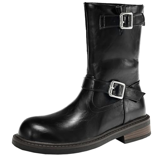 XIEPP Damen Rundtoe-Stiefeletten für Herbst und Winter, Blockabsatz-Reißverschluss-Combat-Kurzstiefel mit Schnalle-Design von XIEPP