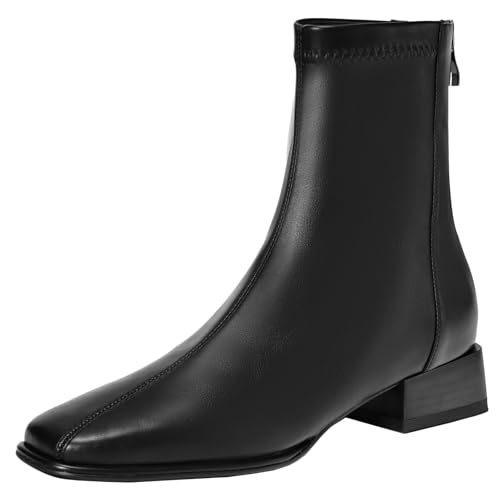 XIEPP Damen Rundtoe-Stiefeletten für Herbst und Winter, Blockabsatz-Reißverschluss-Kurzstiefel für Street-/Retro-Looks von XIEPP