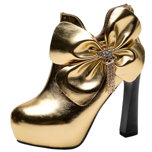 XIEPP Damen Rundtoe-Stiefeletten mit Weicher, Wärmender Futterung, Herbst- und Winter Kurze Stiefel, Pompom- und Schleifen-Eleganteschuhe für Party & Büro von XIEPP