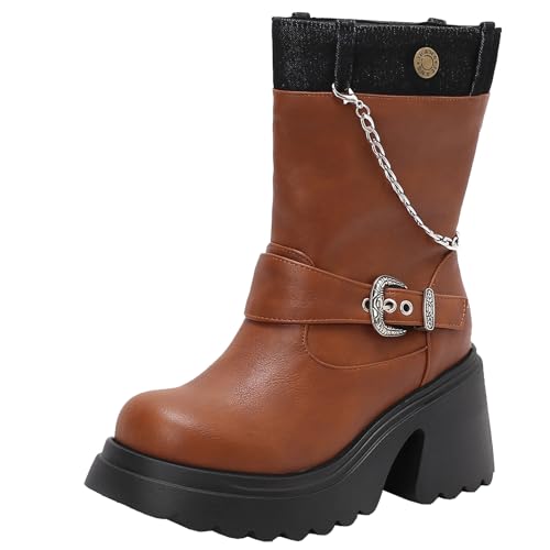 XIEPP Damen Rundzehen-Kampfstiefel, Slip-On Plattformkurze Stiefel mit Ketten und Metallischen Schnallendetails von XIEPP