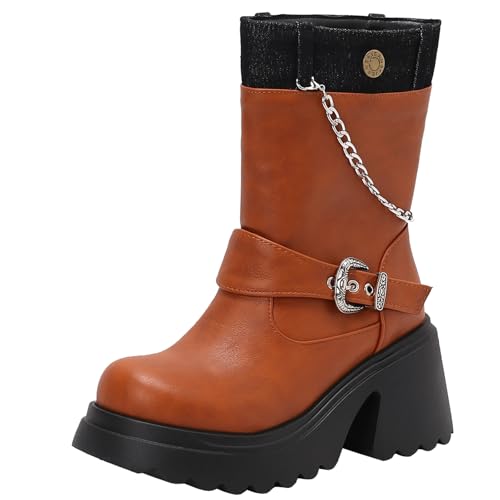 XIEPP Damen Rundzehen-Kampfstiefel, Slip-On Plattformkurze Stiefel mit Ketten und Metallischen Schnallendetails von XIEPP