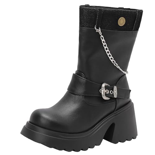 XIEPP Damen Rundzehen-Kampfstiefel, Slip-On Plattformkurze Stiefel mit Ketten und Metallischen Schnallendetails von XIEPP