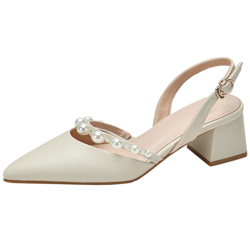 XIEPP Damen Sandalen mit Blockabsatz und Spitzer Zehenpartie Slingback-Anzugschuhe mit Absatz und Perlen von XIEPP