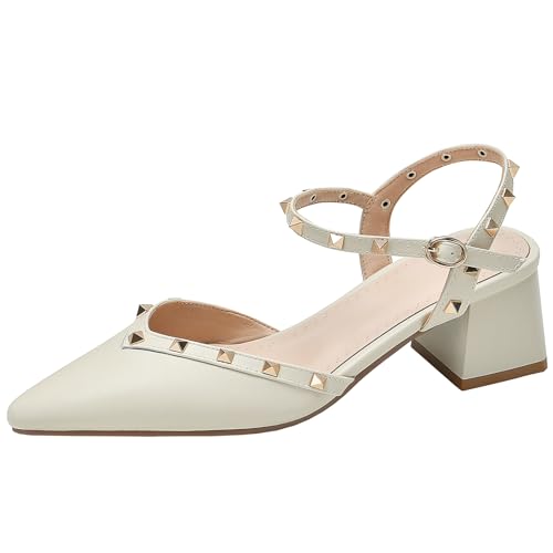 XIEPP Damen Sandalen mit Blockabsatz und Spitzer Zehenpartie Slingback-Heels mit Absatz und Niete von XIEPP