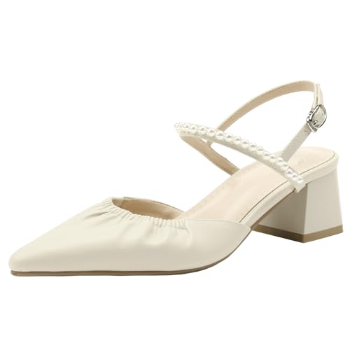 XIEPP Damen Sandalen mit Spitzem Zehenabsatz und Blockabsatz mit Perlen - zeitlose Farbe für Müheloses Tägliches Kombinieren von XIEPP