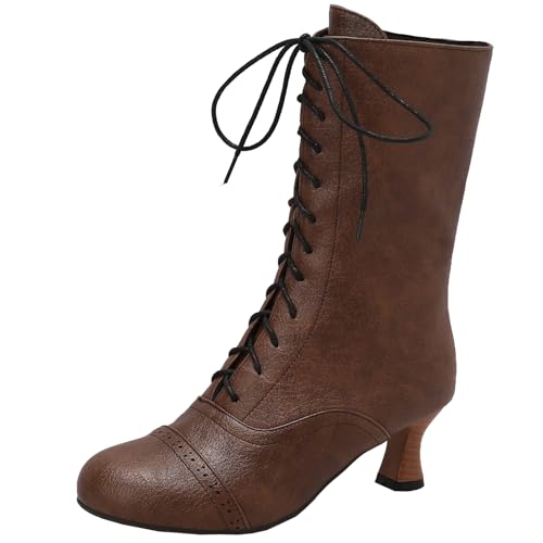 XIEPP Damen Schnür Stiefeletten mit Runder Spitze, Blockabsatz Stiefeletten mit Reißverschluss für EinfachesAnziehen von XIEPP