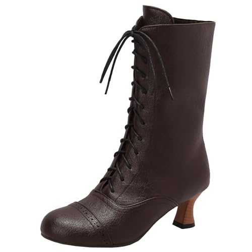 XIEPP Damen Schnür Stiefeletten mit Runder Spitze, Blockabsatz Stiefeletten mit Reißverschluss für EinfachesAnziehen von XIEPP