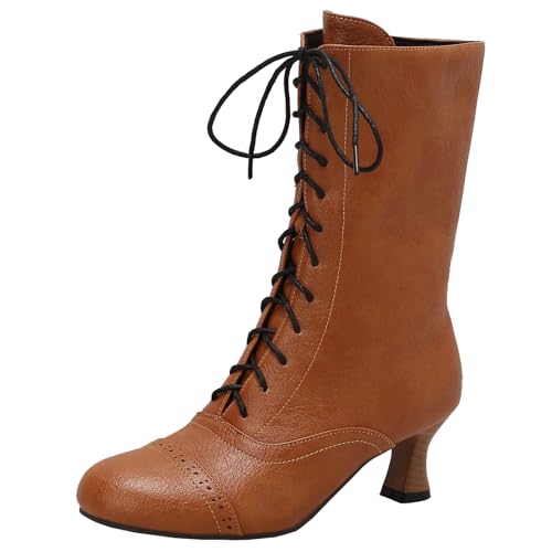 XIEPP Damen Schnür Stiefeletten mit Runder Spitze, Blockabsatz Stiefeletten mit Reißverschluss für EinfachesAnziehen von XIEPP