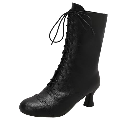XIEPP Damen Schnür Stiefeletten mit Runder Spitze, Blockabsatz Stiefeletten mit Reißverschluss für EinfachesAnziehen von XIEPP