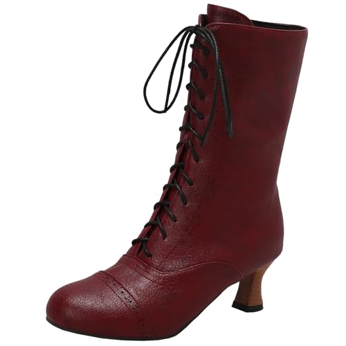 XIEPP Damen Schnür Stiefeletten mit Runder Spitze, Blockabsatz Stiefeletten mit Reißverschluss für EinfachesAnziehen von XIEPP