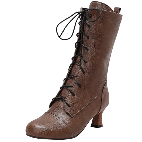 XIEPP Damen Schnürkurze Stiefel, Stiefeletten mit Mittelhohem Blockabsatz für Kantige Looks von XIEPP