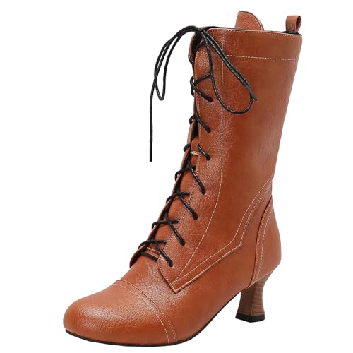 XIEPP Damen Schnürkurze Stiefel, Stiefeletten mit Mittelhohem Blockabsatz für Kantige Looks von XIEPP