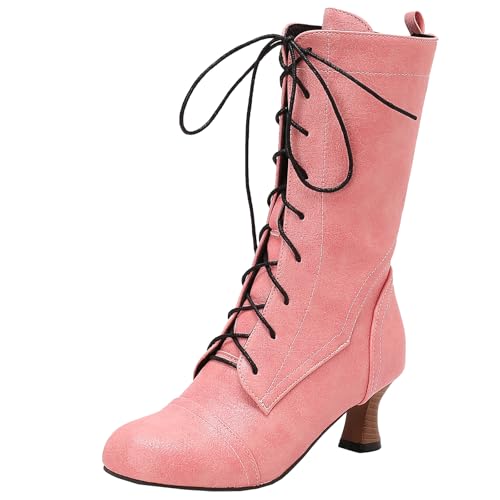 XIEPP Damen Schnürkurze Stiefel, Stiefeletten mit Mittelhohem Blockabsatz für Kantige Looks von XIEPP