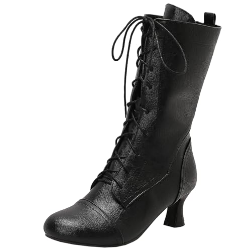 XIEPP Damen Schnürkurze Stiefel, Stiefeletten mit Mittelhohem Blockabsatz für Kantige Looks von XIEPP