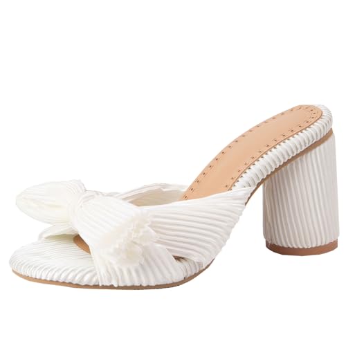 XIEPP Damen Slide Sandalen mit Blockabsatz Offene Zehenabsätze mit Schleifen von XIEPP