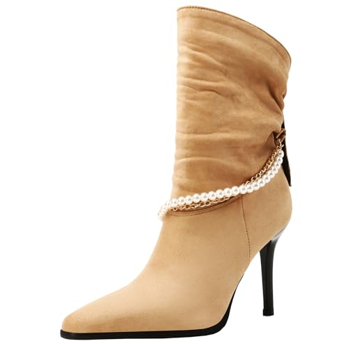 XIEPP Damen Slip-on-Spitztoe-Kurze Stiefel mit Weicher, Wärmender Futterung, Stilettoabsatz-Stiefeletten mit Perlen für Party und Büro von XIEPP