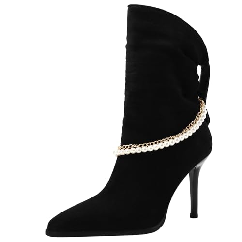 XIEPP Damen Slip-on-Spitztoe-Kurze Stiefel mit Weicher, Wärmender Futterung, Stilettoabsatz-Stiefeletten mit Perlen für Party und Büro von XIEPP