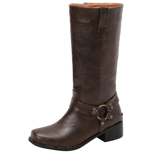 XIEPP Damen-Slip-on-Stiefel mit Mittlerer Wade und Blockabsatz Retro-Westernstiefel von XIEPP