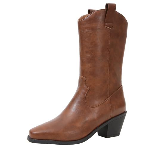 XIEPP Damen-Slipper, Mittelhohe Stiefel mit Blockabsatz, Retro-Cowboystiefel für Herbst und Winter von XIEPP