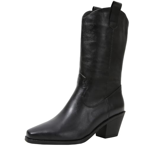 XIEPP Damen-Slipper, Mittelhohe Stiefel mit Blockabsatz, Retro-Cowboystiefel für Herbst und Winter von XIEPP