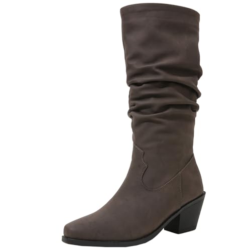 XIEPP Damen Slouch Mid Calf Boots Slip-On Stiefel mit Blockabsatz, Warm Bleiben in der Kalten Jahreszeit von XIEPP