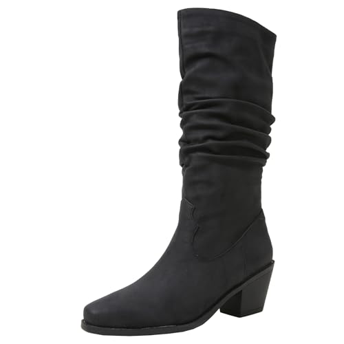 XIEPP Damen Slouch Mid Calf Boots Slip-On Stiefel mit Blockabsatz, Warm Bleiben in der Kalten Jahreszeit von XIEPP