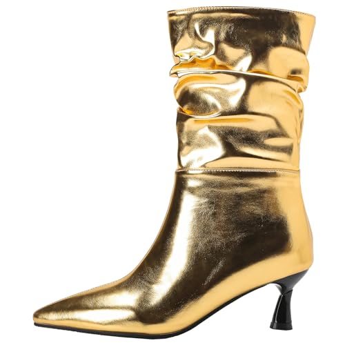 XIEPP Damen Spitztoe-Mittelschafthochstiefel, Slip-on-Schlupfboots mit Weicher, Wärmender Futterung für Herbst und Winter von XIEPP